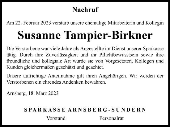 Traueranzeige von Susanne Tampier-Birkner von Tageszeitung