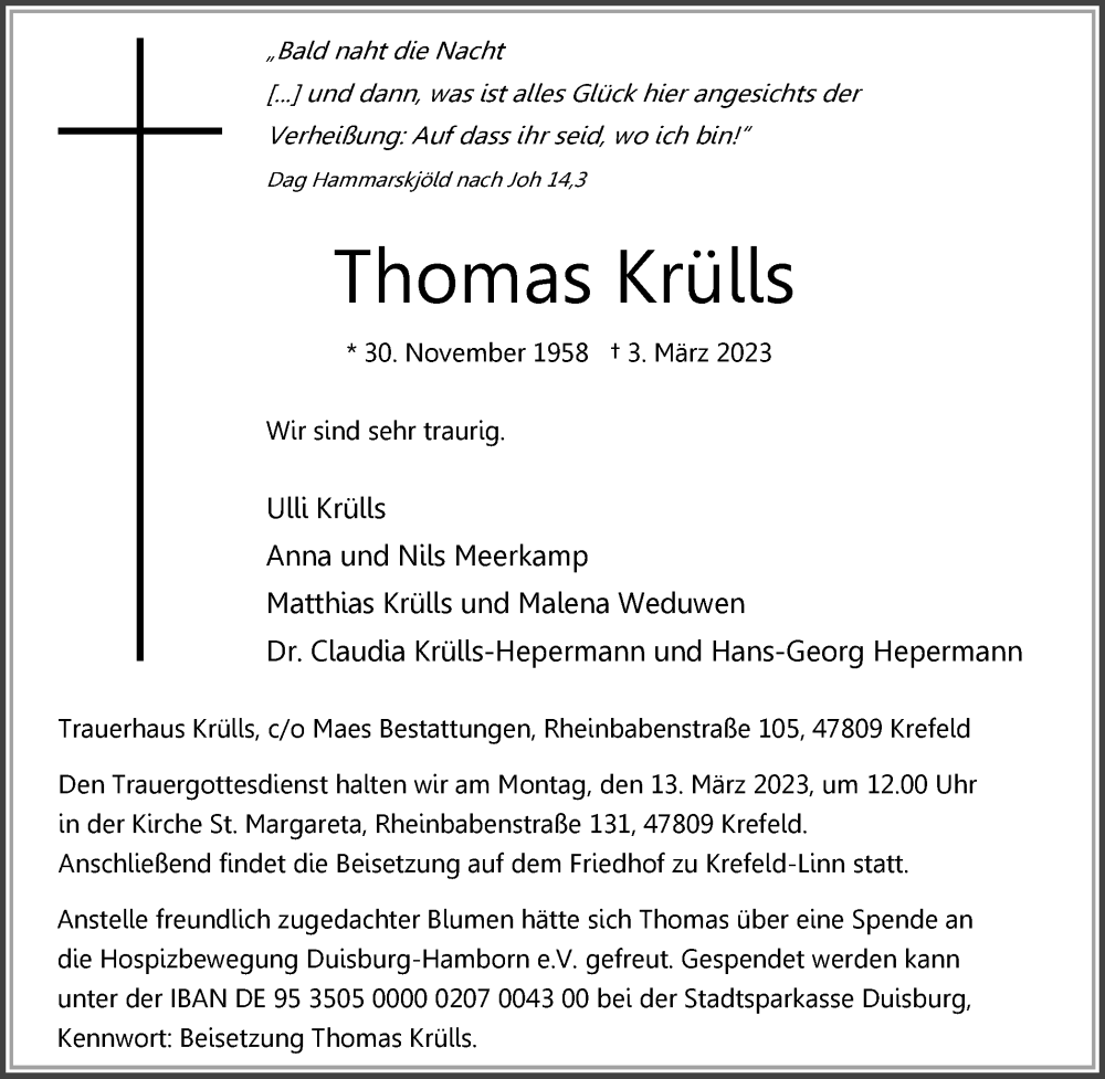  Traueranzeige für Thomas Krülls vom 11.03.2023 aus Tageszeitung