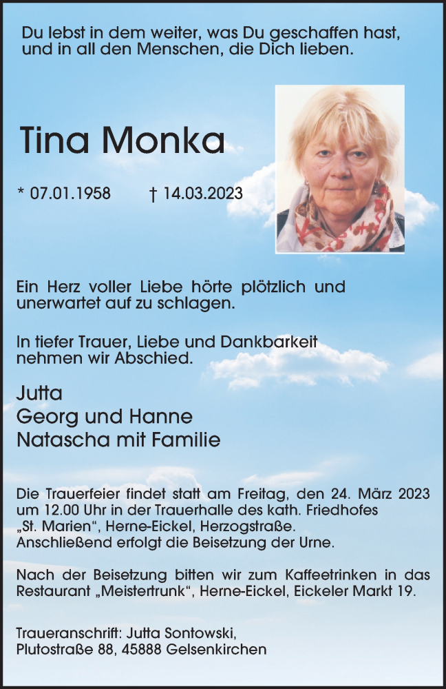  Traueranzeige für Tina Monka vom 18.03.2023 aus WVW Anzeigenblätter