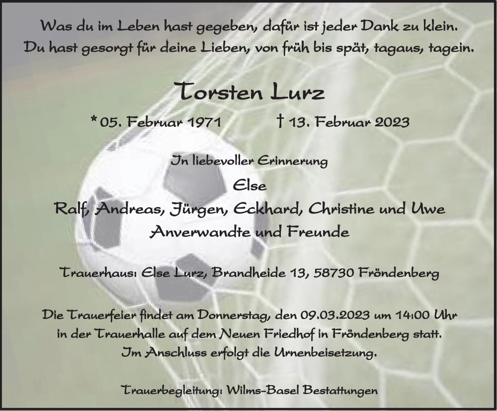  Traueranzeige für Torsten Lurz vom 04.03.2023 aus WVW Anzeigenblätter