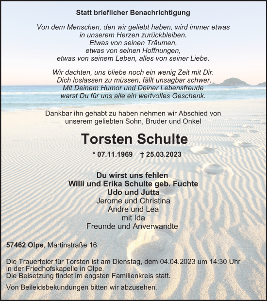 Traueranzeige von Torsten Schulte von Tageszeitung