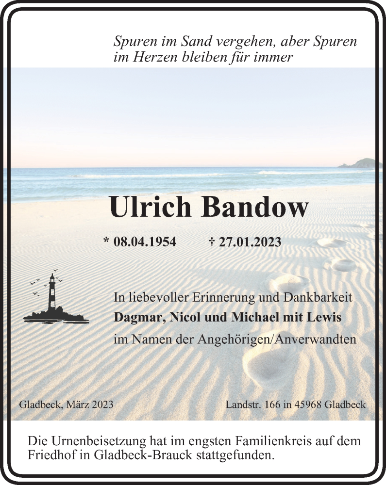  Traueranzeige für Ulrich Bandow vom 25.03.2023 aus WVW Anzeigenblätter