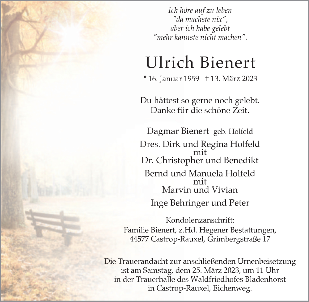  Traueranzeige für Ulrich Bienert vom 18.03.2023 aus WVW Anzeigenblätter