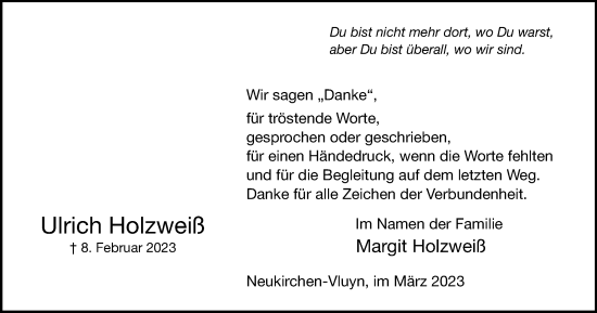 Traueranzeige von Ulrich Holzweiß von Tageszeitung