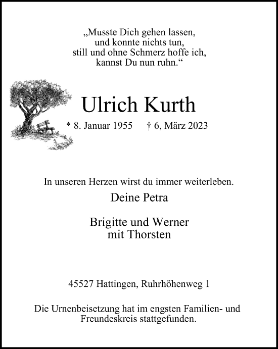 Traueranzeige von Ulrich Kurth von WVW Anzeigenblätter