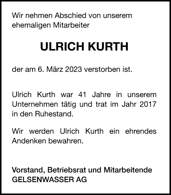 Traueranzeige von Ulrich Kurth von Tageszeitung