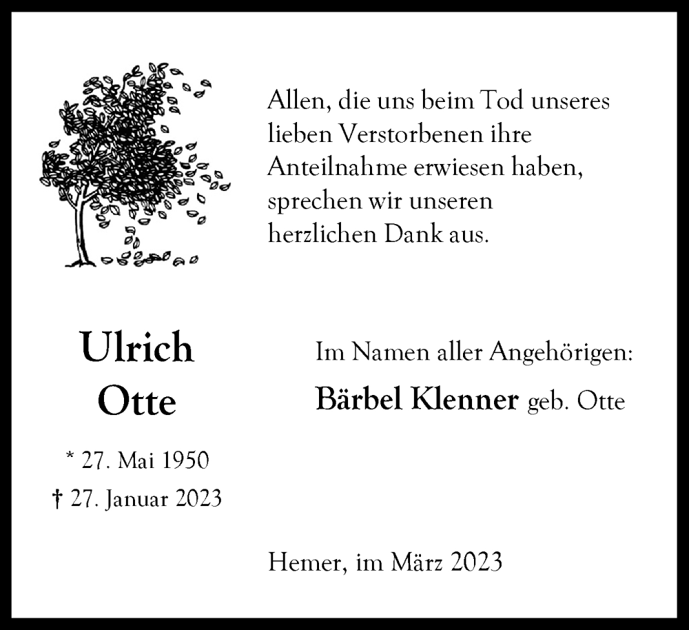  Traueranzeige für Ulrich Otte vom 18.03.2023 aus Tageszeitung