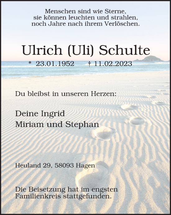 Traueranzeige von Ulrich Schulte von Tageszeitung