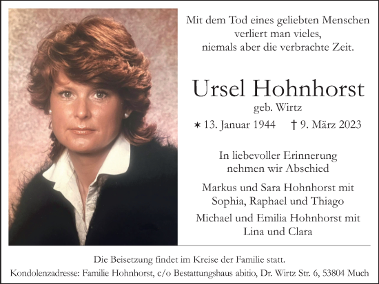Traueranzeige von Ursel Hohnhorst von Tageszeitung