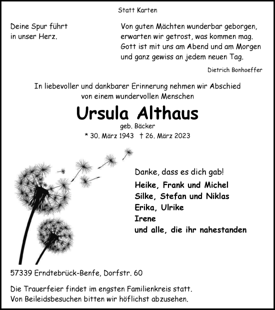 Traueranzeige von Ursula Althaus von Tageszeitung