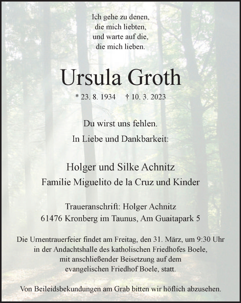  Traueranzeige für Ursula Groth vom 25.03.2023 aus Tageszeitung