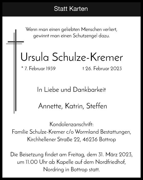 Traueranzeige von Ursula Schulze-Kremer von WVW Anzeigenblätter