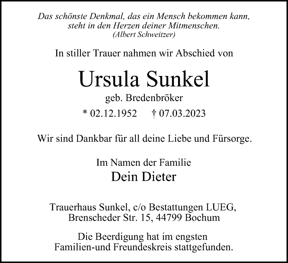  Traueranzeige für Ursula Sunkel vom 18.03.2023 aus WVW Anzeigenblätter