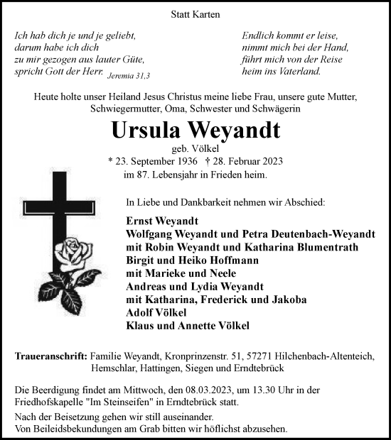Traueranzeige von Ursula Weyandt von Tageszeitung