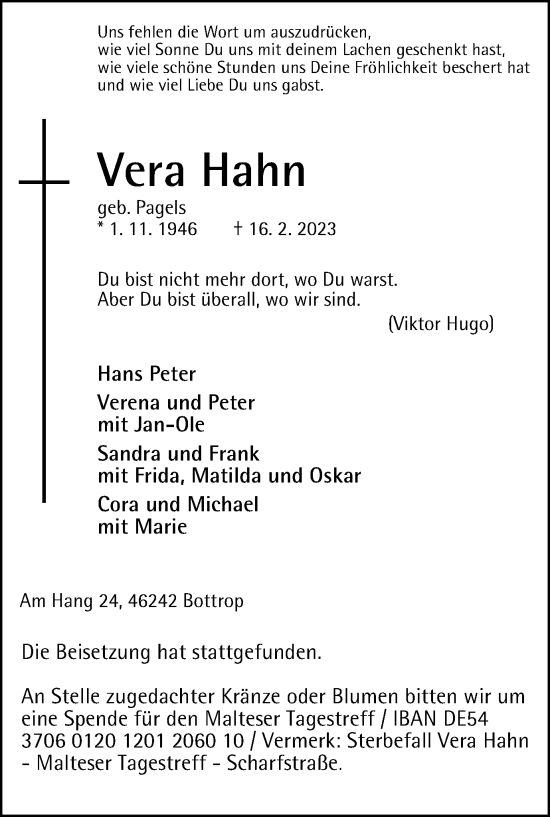 Traueranzeige von Vera Hahn von WVW Anzeigenblätter