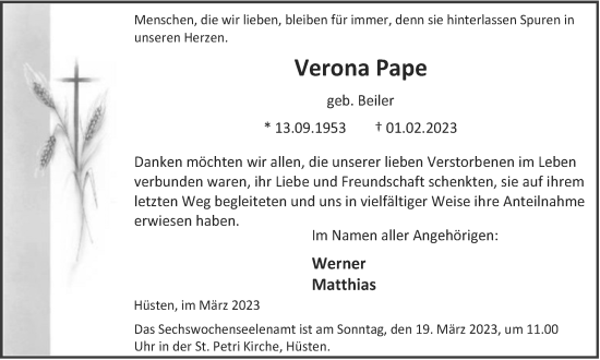 Traueranzeige von Verona Pape von Tageszeitung