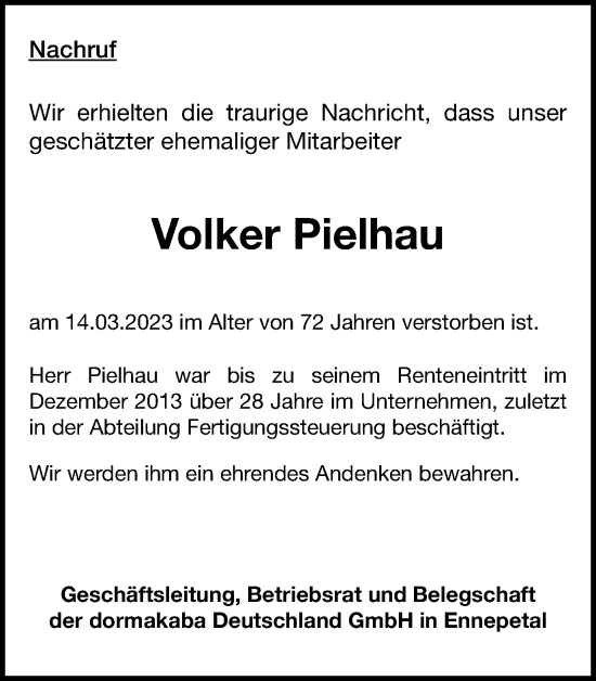 Traueranzeige von Volker Pielhau von Tageszeitung