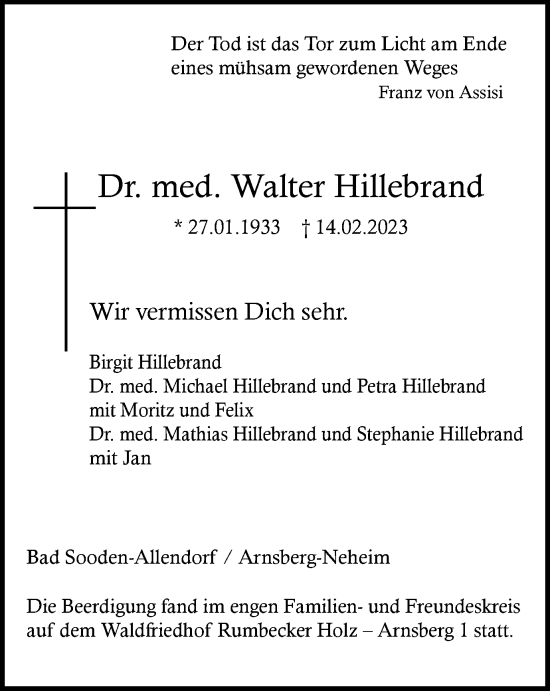 Traueranzeige von Walter Hillebrand von Tageszeitung