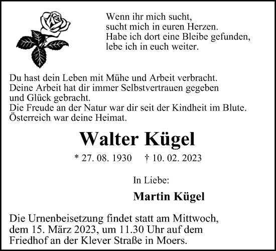 Traueranzeige von Walter Kügel von Tageszeitung
