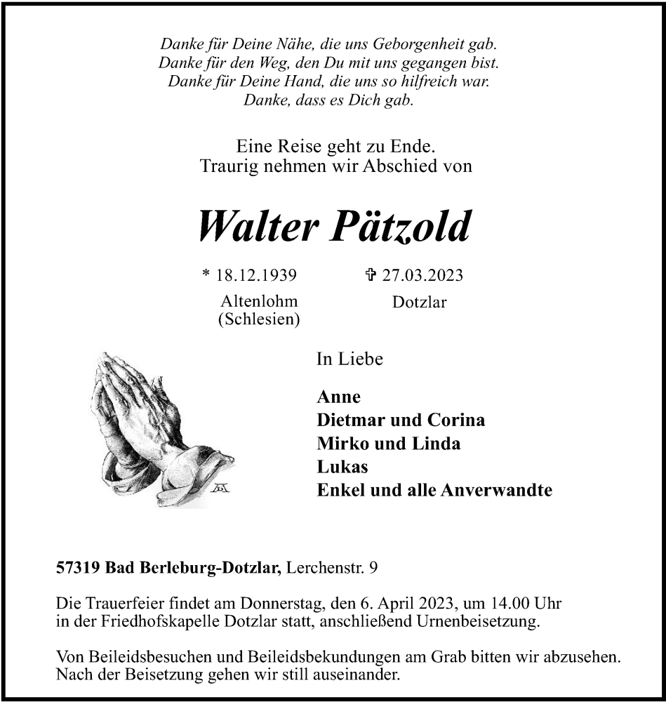  Traueranzeige für Walter Pätzold vom 31.03.2023 aus Tageszeitung