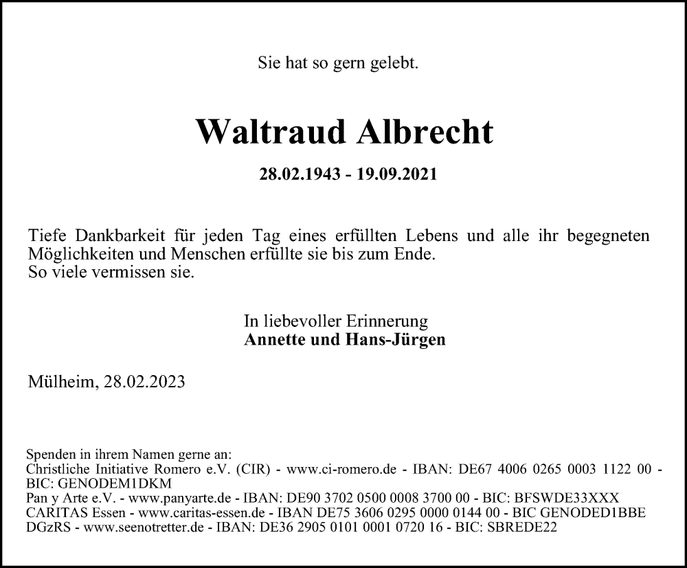  Traueranzeige für Waltraud Albrecht vom 03.03.2023 aus Tageszeitung
