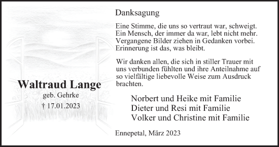 Traueranzeige von Waltraud Lange von Tageszeitung