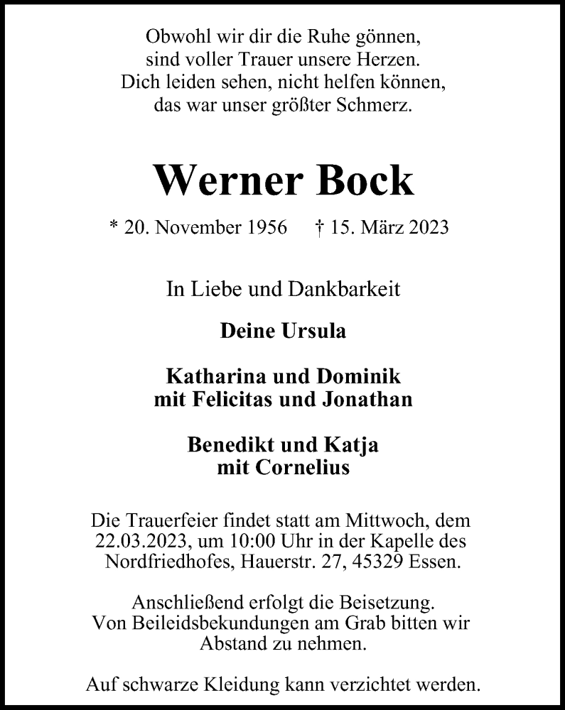  Traueranzeige für Werner Bock vom 18.03.2023 aus Tageszeitung