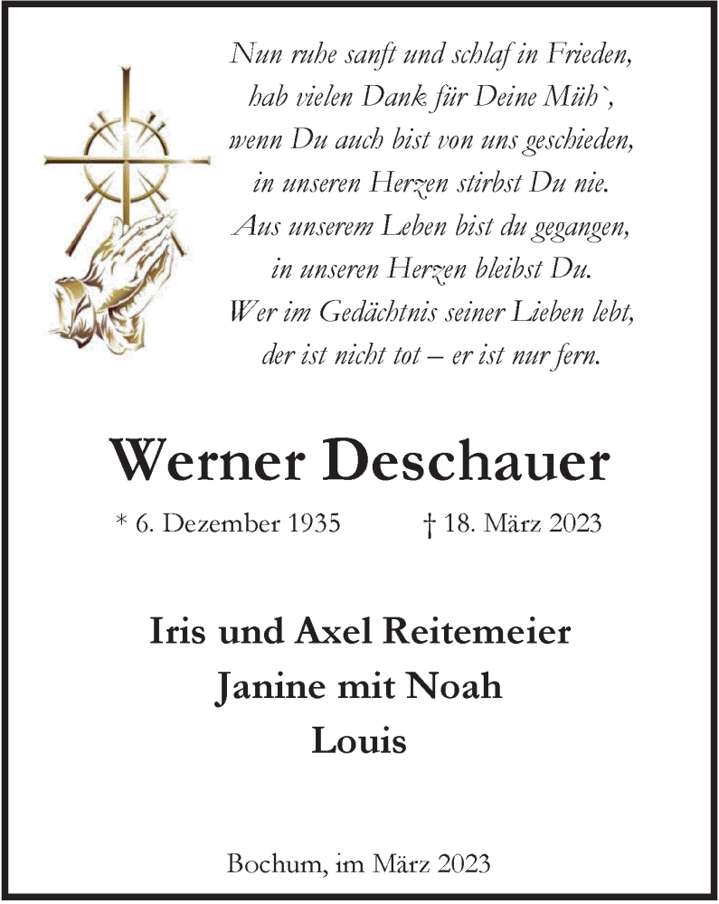  Traueranzeige für Werner Deschauer vom 25.03.2023 aus Tageszeitung