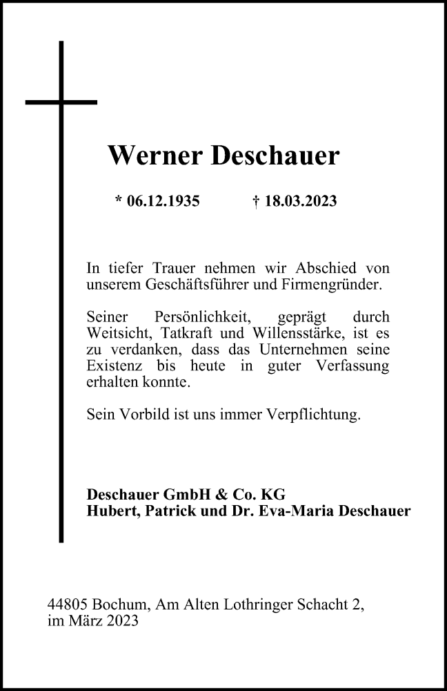  Traueranzeige für Werner Deschauer vom 25.03.2023 aus Tageszeitung
