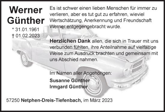 Traueranzeige von Werner Günther von Tageszeitung