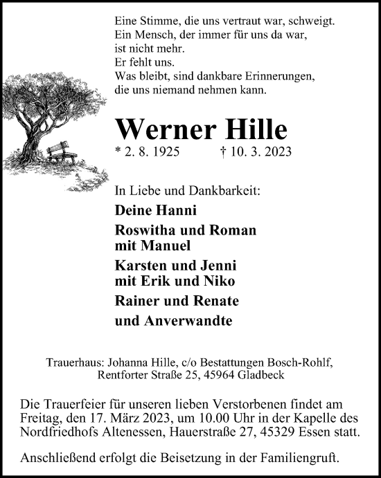 Traueranzeige von Werner Hille von Tageszeitung