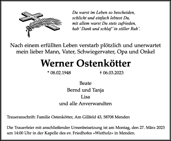 Traueranzeige von Werner Ostenkötter von WVW Anzeigenblätter