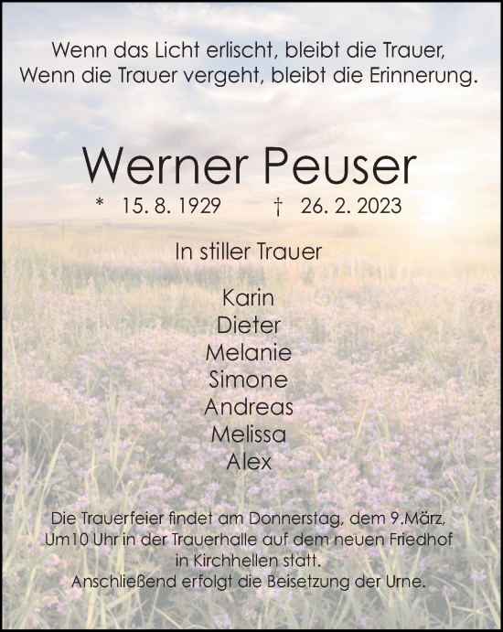 Traueranzeige von Werner Peuser von WVW Anzeigenblätter