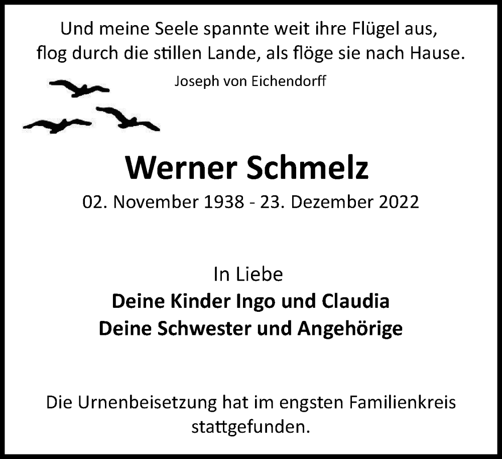  Traueranzeige für Werner Schmelz vom 11.03.2023 aus WVW Anzeigenblätter