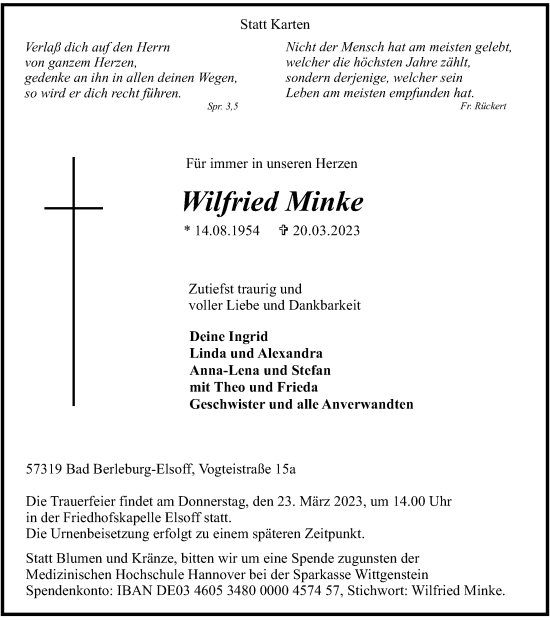 Traueranzeige von Wilfried Minke von Tageszeitung