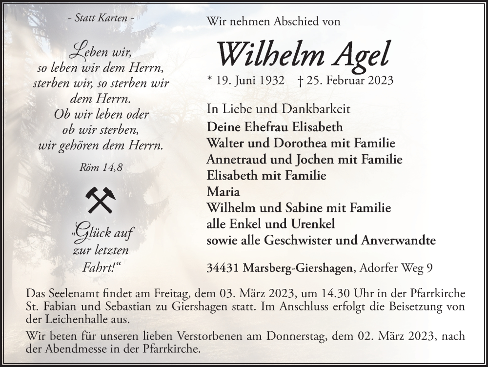  Traueranzeige für Wilhelm Agel vom 01.03.2023 aus Tageszeitung