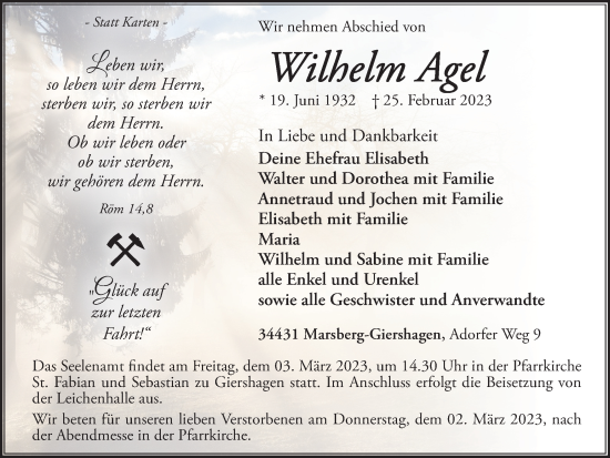 Traueranzeige von Wilhelm Agel von Tageszeitung