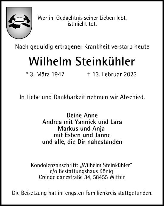 Traueranzeige von Wilhelm Steinkühler von WVW Anzeigenblätter