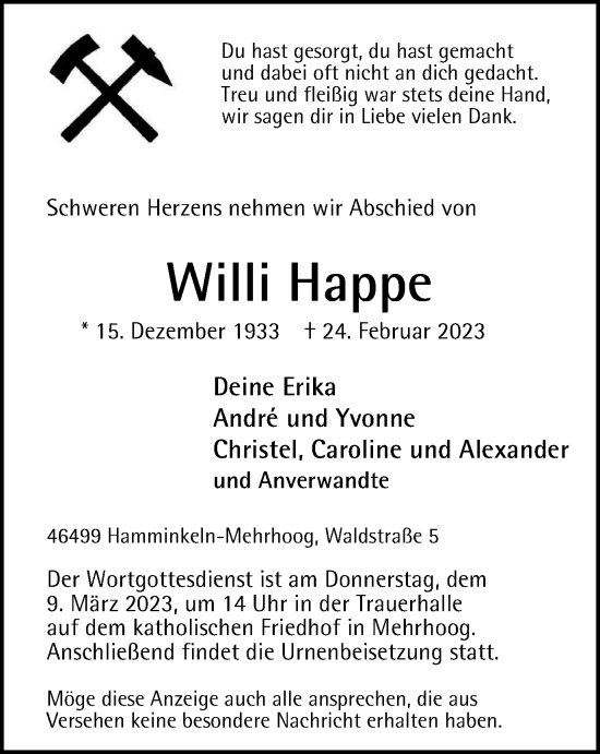 Traueranzeige von Willi Happe von Tageszeitung