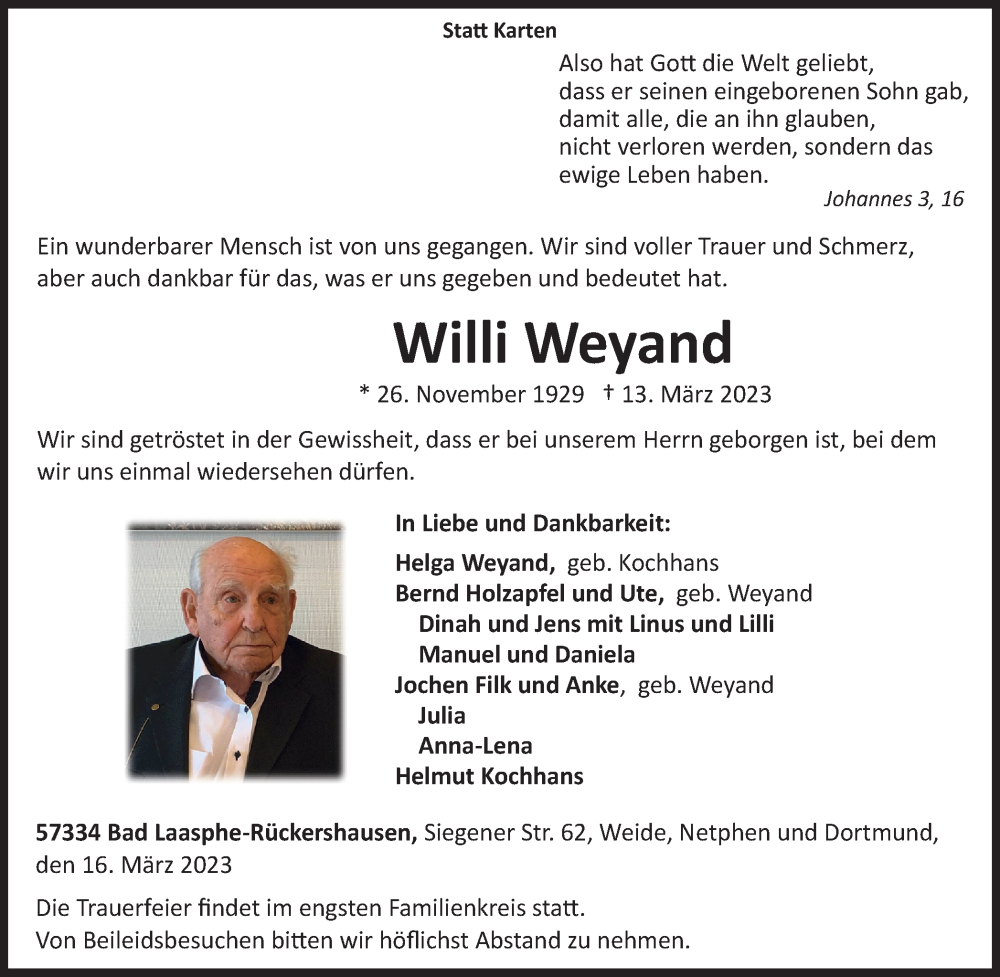  Traueranzeige für Willi Weyand vom 16.03.2023 aus Tageszeitung