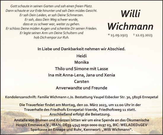 Traueranzeige von Willi Wichmann von Tageszeitung