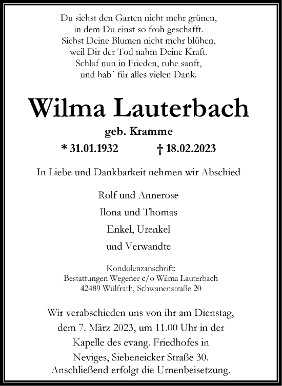 Traueranzeige von Wilma Lauterbach von WVW Anzeigenblätter