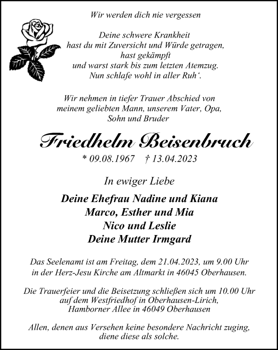 Traueranzeige von Friedhelm Beisenbruch von Tageszeitung