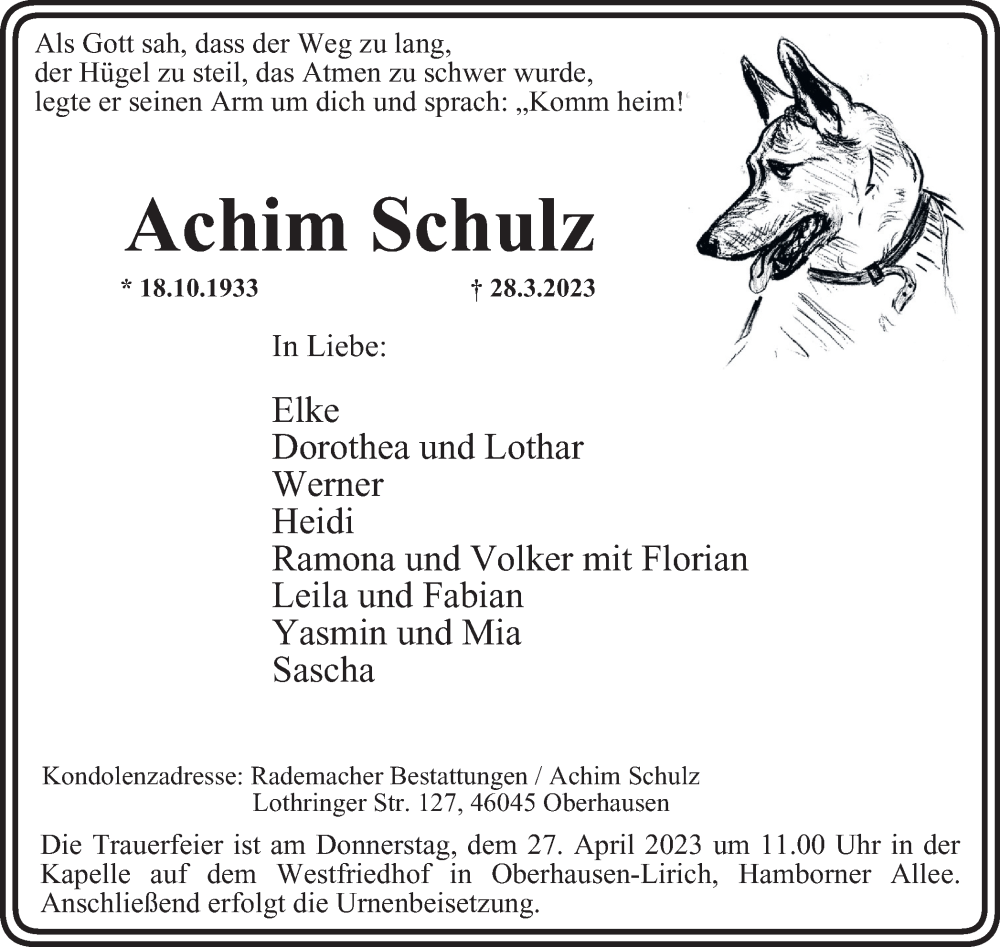  Traueranzeige für Achim Schulz vom 22.04.2023 aus Tageszeitung