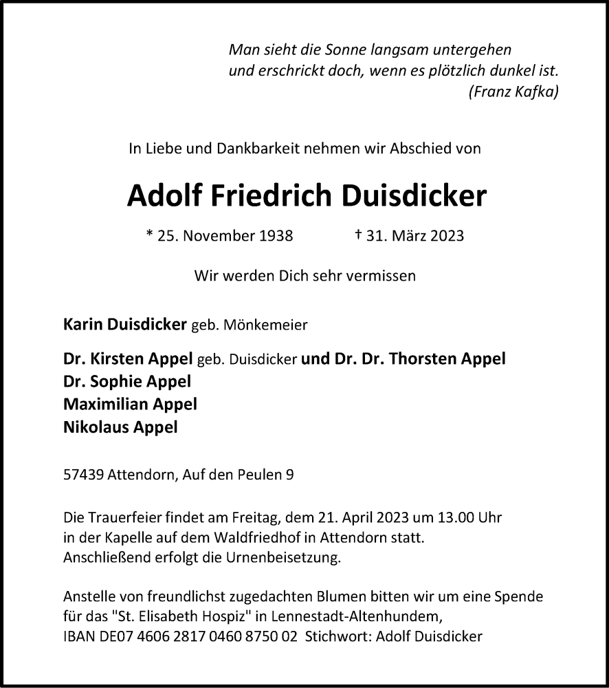  Traueranzeige für Adolf Duisdicker vom 15.04.2023 aus Tageszeitung