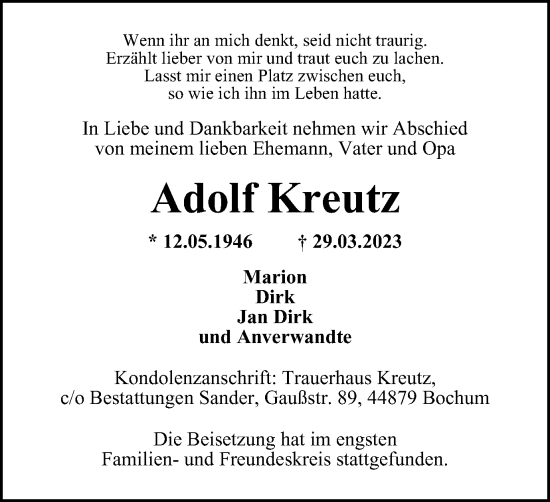 Traueranzeige von Adolf Kreutz von Tageszeitung
