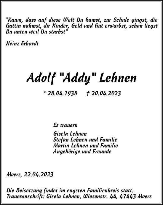 Traueranzeige von Adolf Lehnen von Tageszeitung