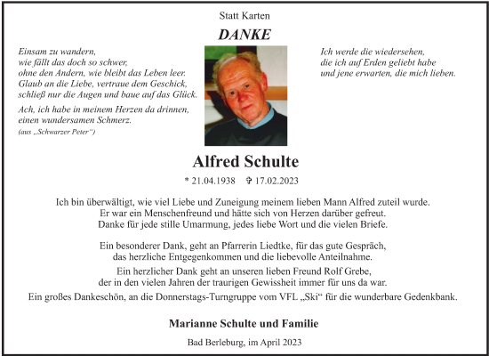 Traueranzeige von Alfred Schulte von Tageszeitung