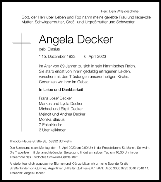 Traueranzeige von Angela Decker von Tageszeitung