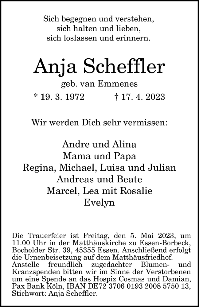  Traueranzeige für Anja Scheffler vom 29.04.2023 aus Tageszeitung